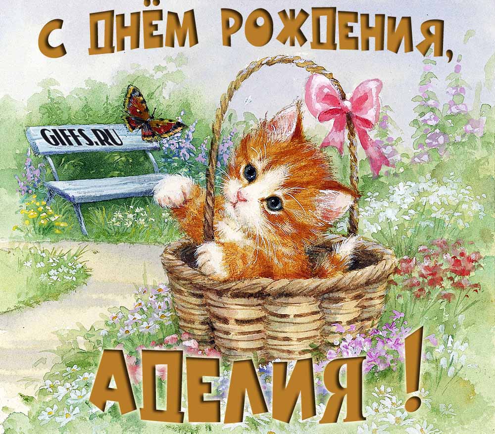 Милая летняя открытка с рыжим котёнком и поздравлением в день рождения для Аделии.