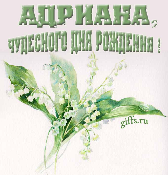 Крутая картинка с букетиком ландышей для Адрианы с пожеланием чудесного дня рождения.