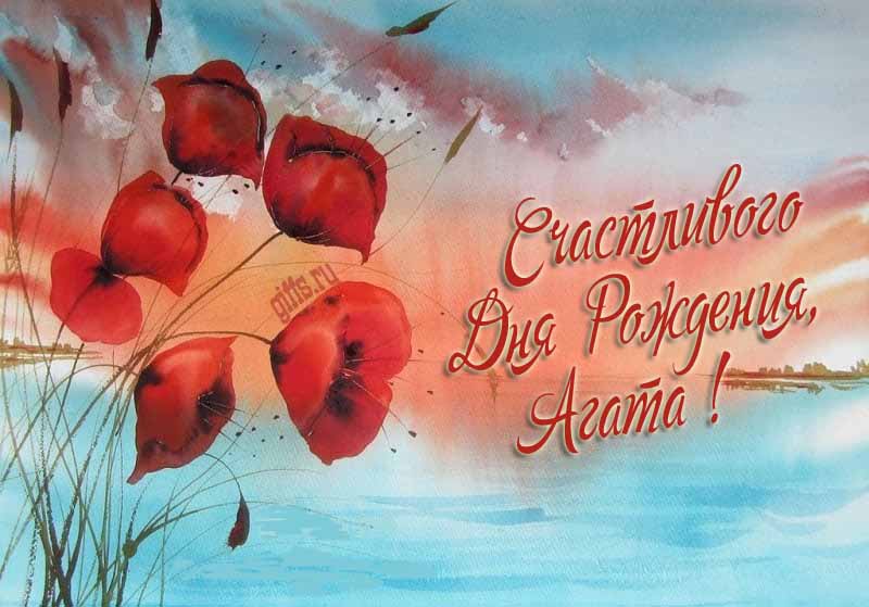 Шикарная морская картинка с цветами мака на фоне озера и поздравлением с днём рождения Агате.