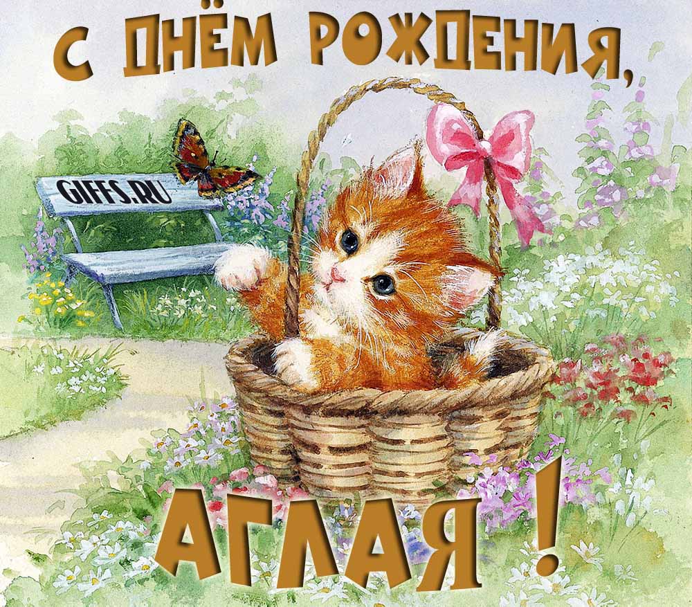 Милая летняя открытка с рыжим котёнком и поздравлением в день рождения для Аглаи.