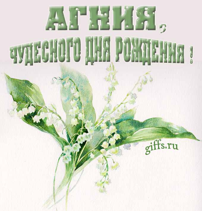 Крутая картинка с букетиком ландышей для Агнии с пожеланием чудесного дня рождения.
