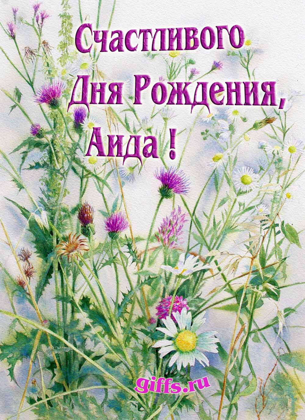 Картинка с луговыми цветами и пожеланием счастливого дня рождения девушке Аиде.