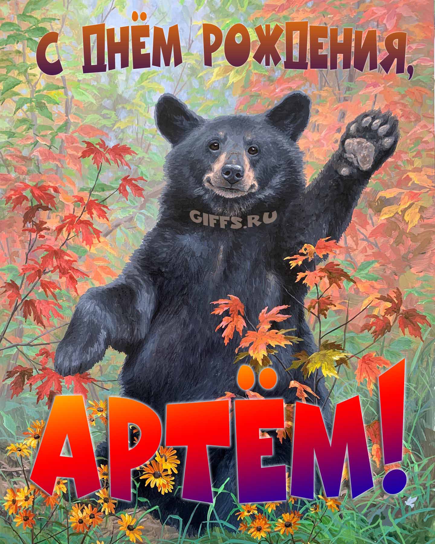 Смешная и прикольная осенняя картинка с машущим медведем "С днём рождения, Артём!". Смешная и прикольная осенняя картинка с машущим медведем "С днём рождения, Артём!".