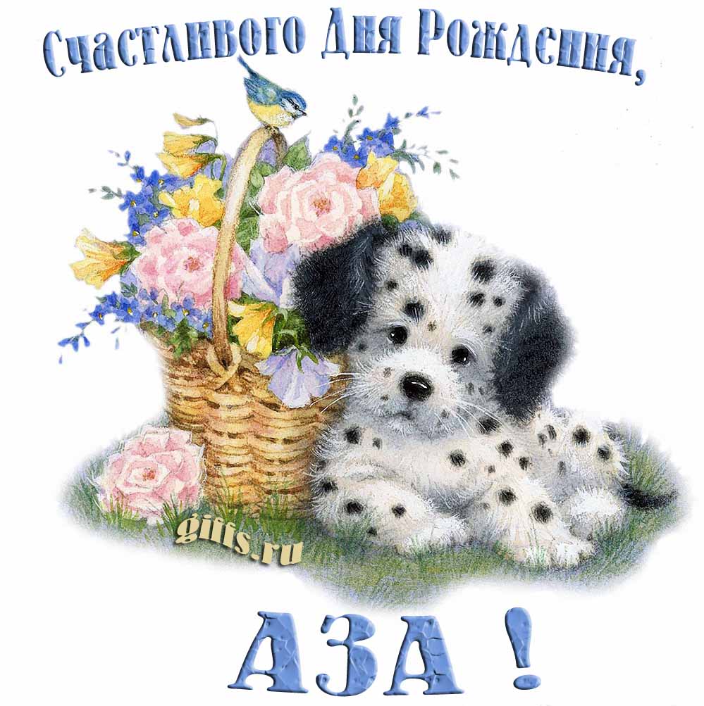 Прикольная и смешная открытка с корзиной цветов и собачкой для пожелания счастливого дня рождения Азе.