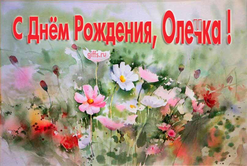 Стильная открытка с луговыми цветами в день рождения для Олечки.