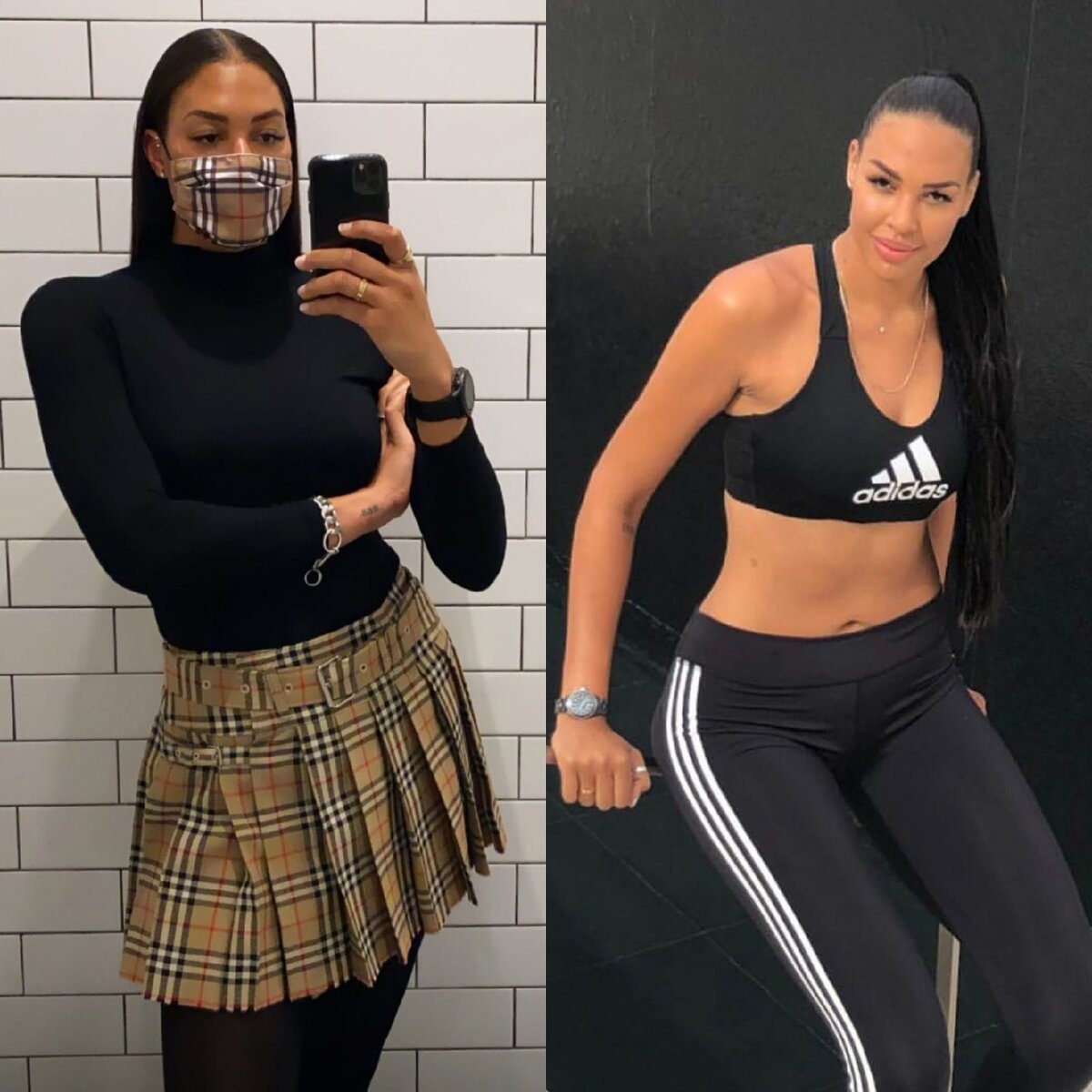 Селфи Лиз Кэмбидж в мини юбке и фото в обтягивающем спортивном костюме.